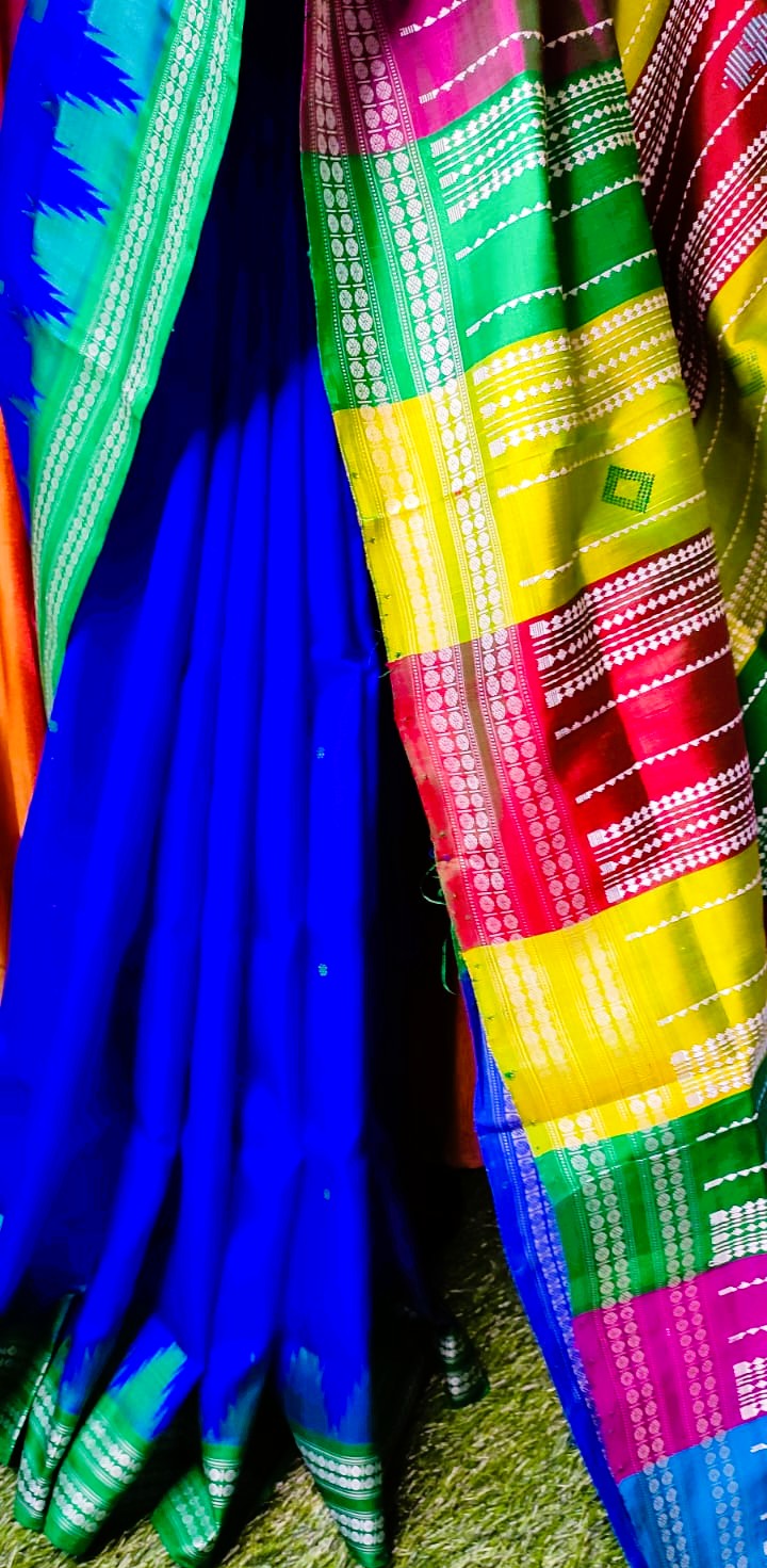 Royal Blue Berhampuri Double Pallu Silk Saree with Green Border