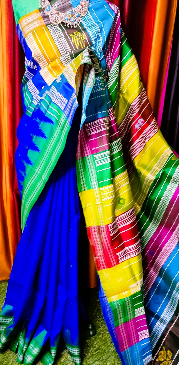 Royal Blue Berhampuri Double Pallu Silk Saree with Green Border