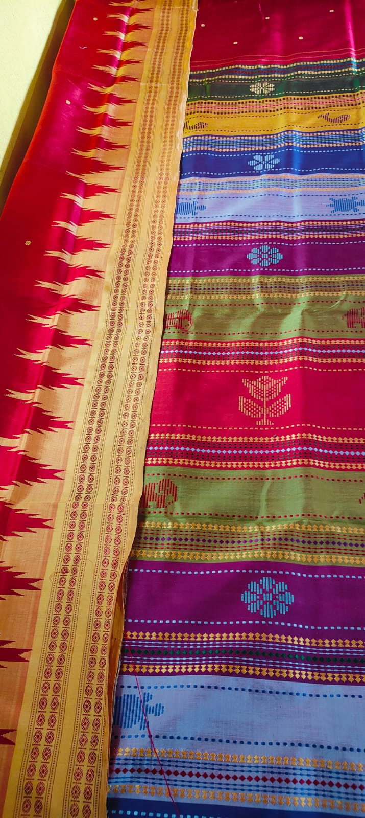 Red Berhampuri Double Palla Silk Saree with 4 Fulia Rudraksha Border