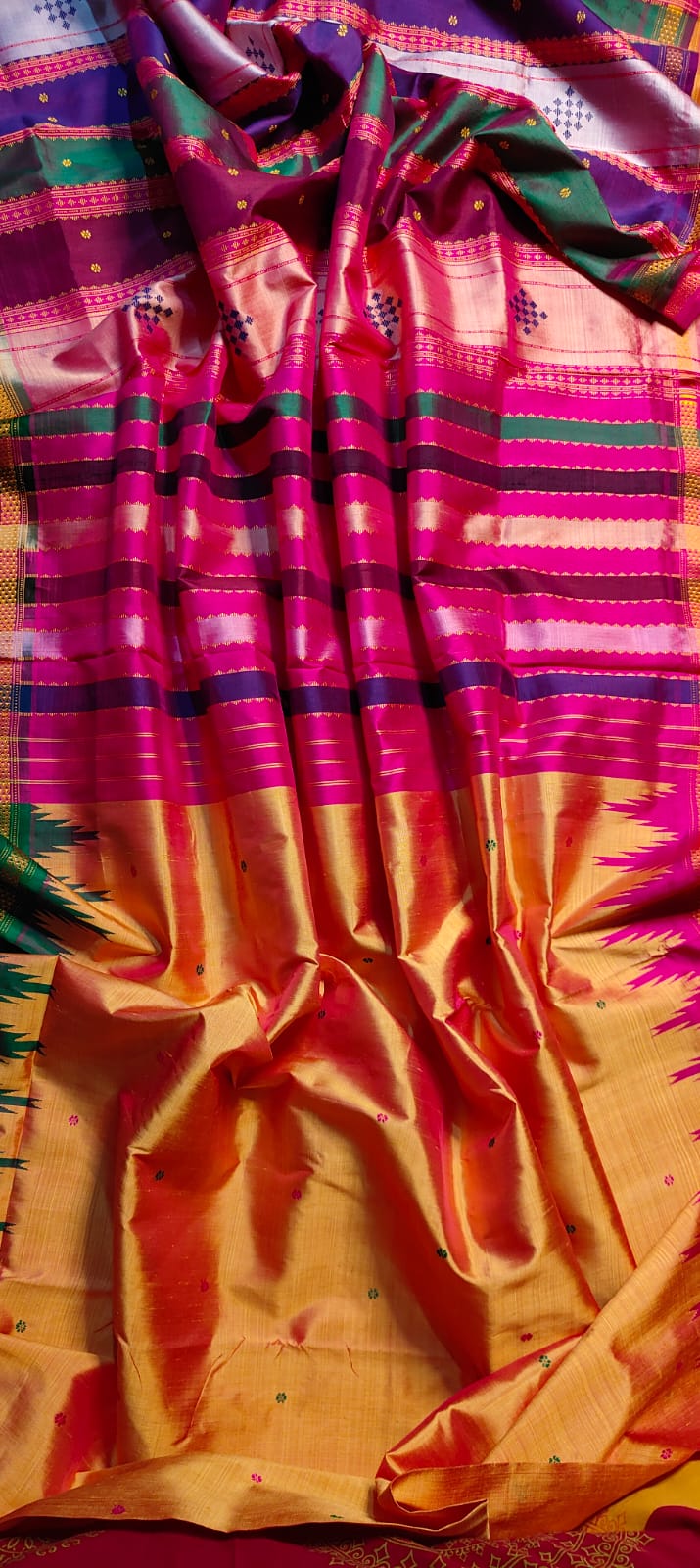 Exclusive Berhampuri Dual Shade Double Pallu Silk Saree with Ganga Jamuna Phodakumbha Border and Vibrant Multicolour Pallu