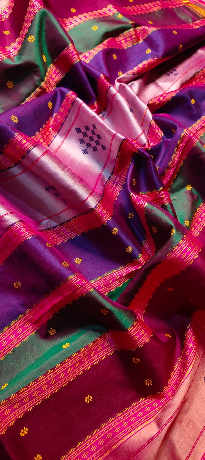 Exclusive Berhampuri Dual Shade Double Pallu Silk Saree with Ganga Jamuna Phodakumbha Border and Vibrant Multicolour Pallu