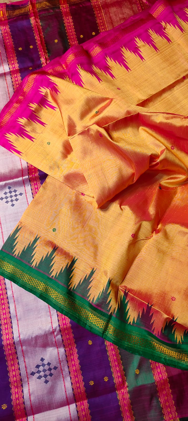 Exclusive Berhampuri Dual Shade Double Pallu Silk Saree with Ganga Jamuna Phodakumbha Border and Vibrant Multicolour Pallu