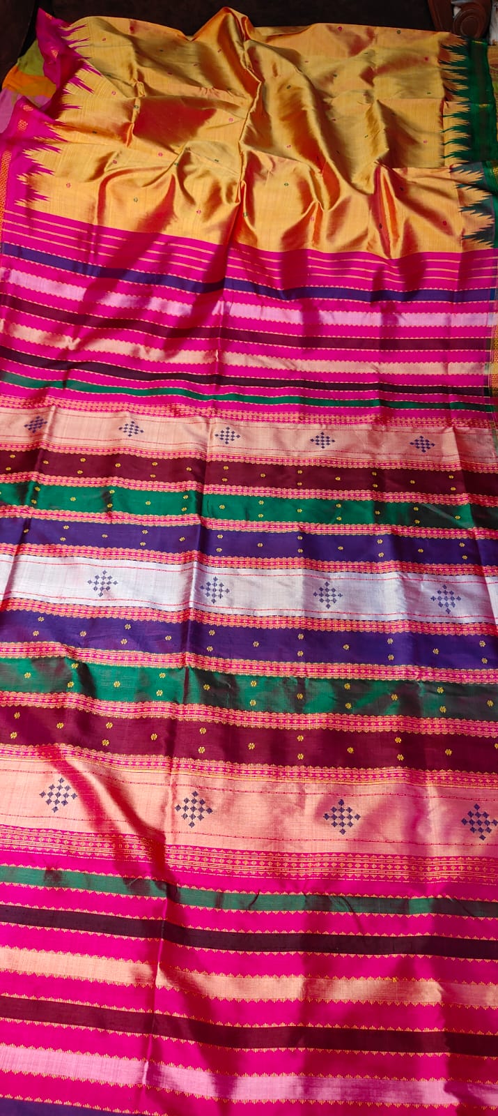 Exclusive Berhampuri Dual Shade Double Pallu Silk Saree with Ganga Jamuna Phodakumbha Border and Vibrant Multicolour Pallu