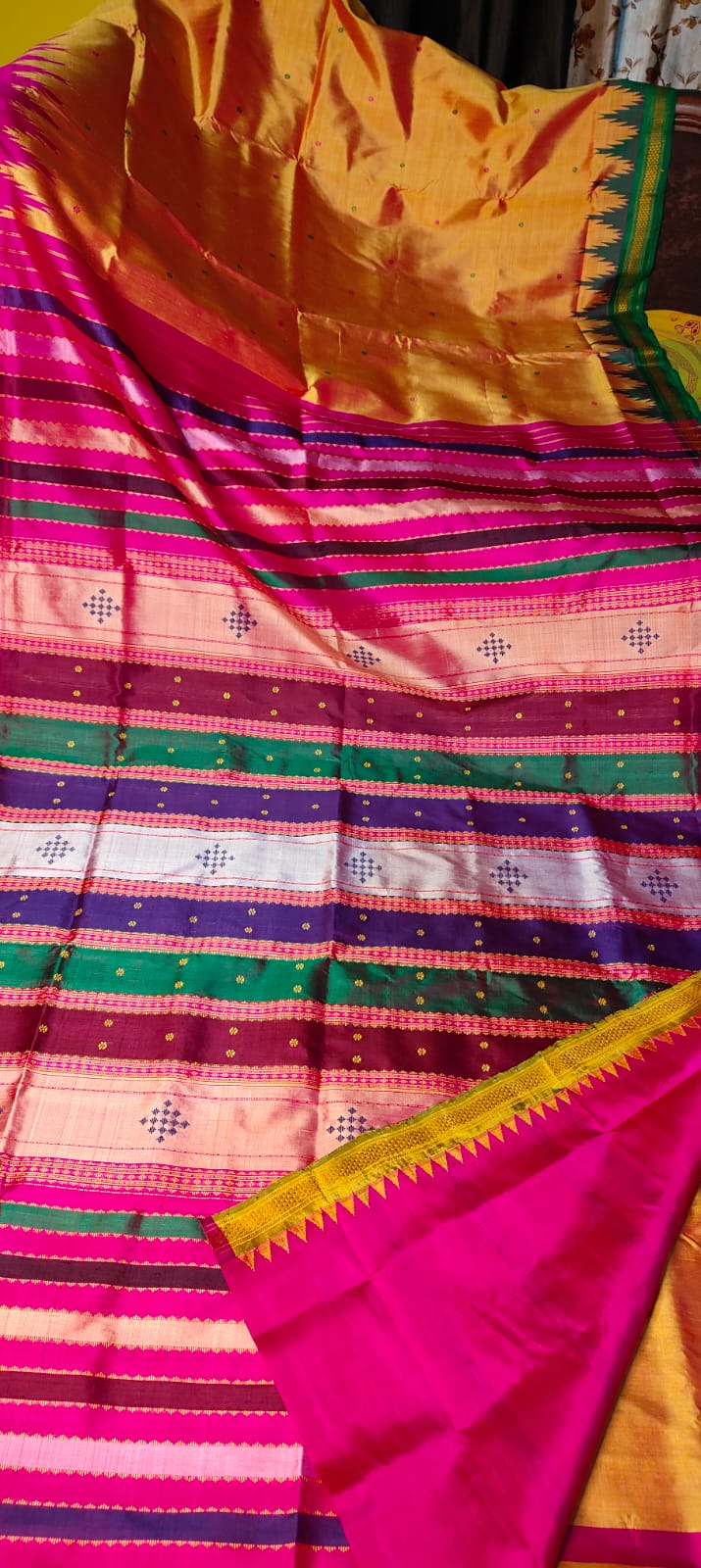 Exclusive Berhampuri Dual Shade Double Pallu Silk Saree with Ganga Jamuna Phodakumbha Border and Vibrant Multicolour Pallu