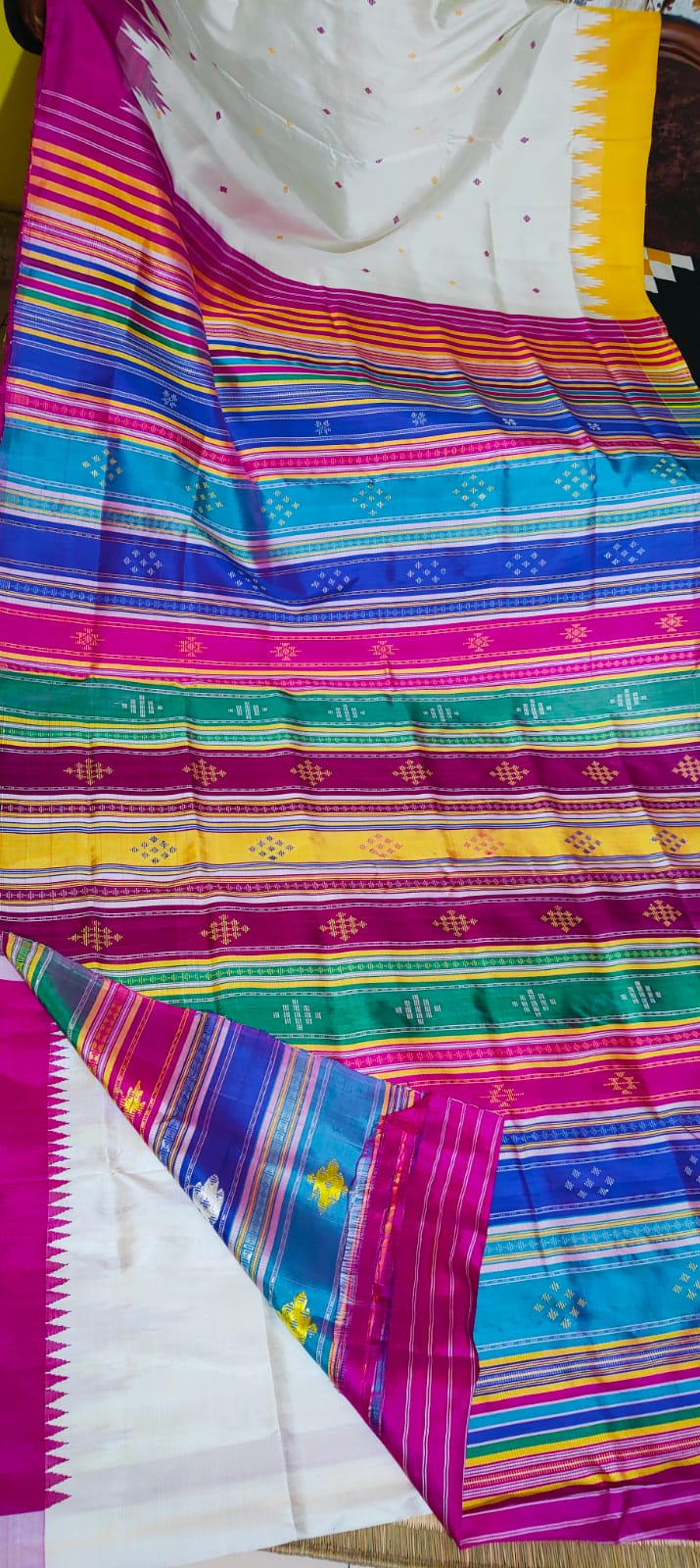 Berhampuri Double Pallu Silk Saree Multicolour Pallu | Ganga Jamuna Border