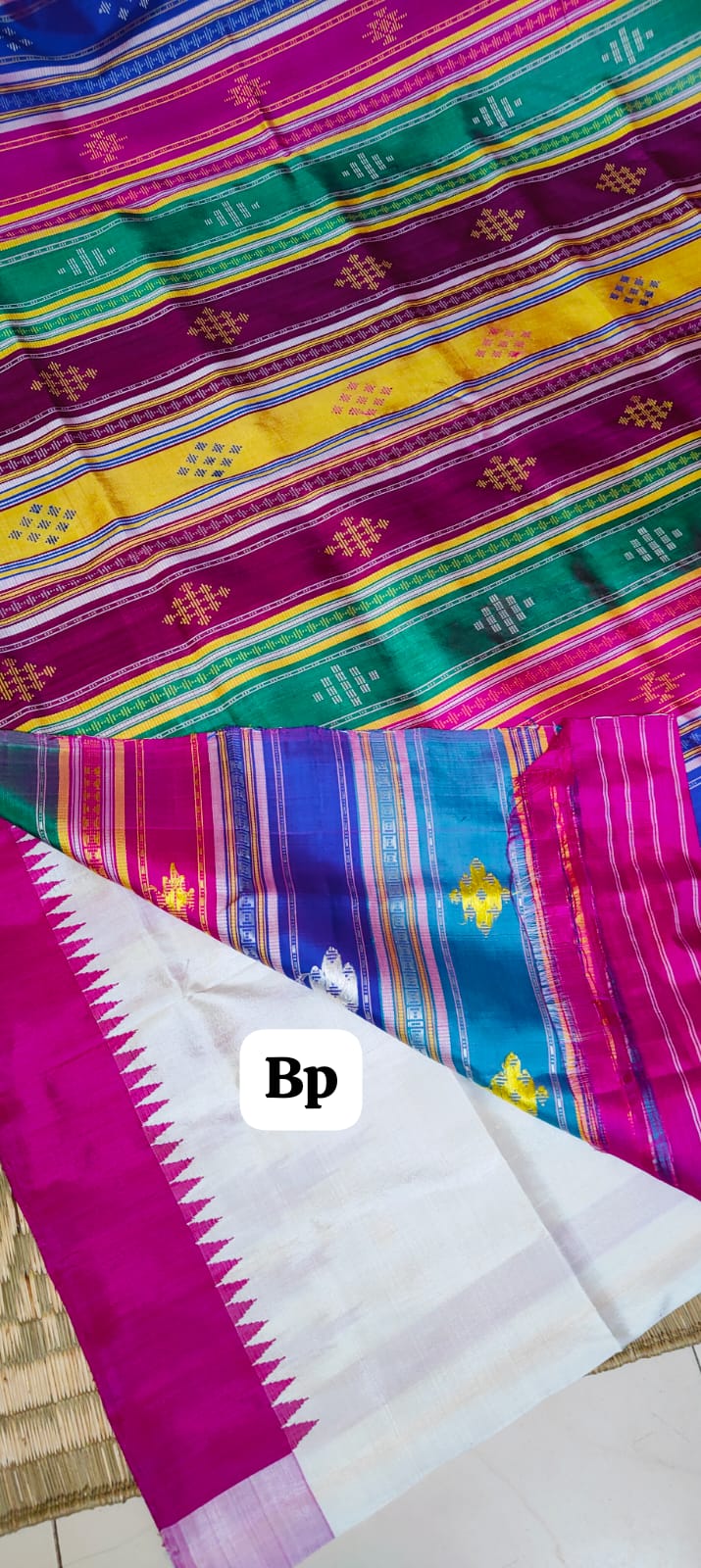 Berhampuri Double Pallu Silk Saree Multicolour Pallu | Ganga Jamuna Border
