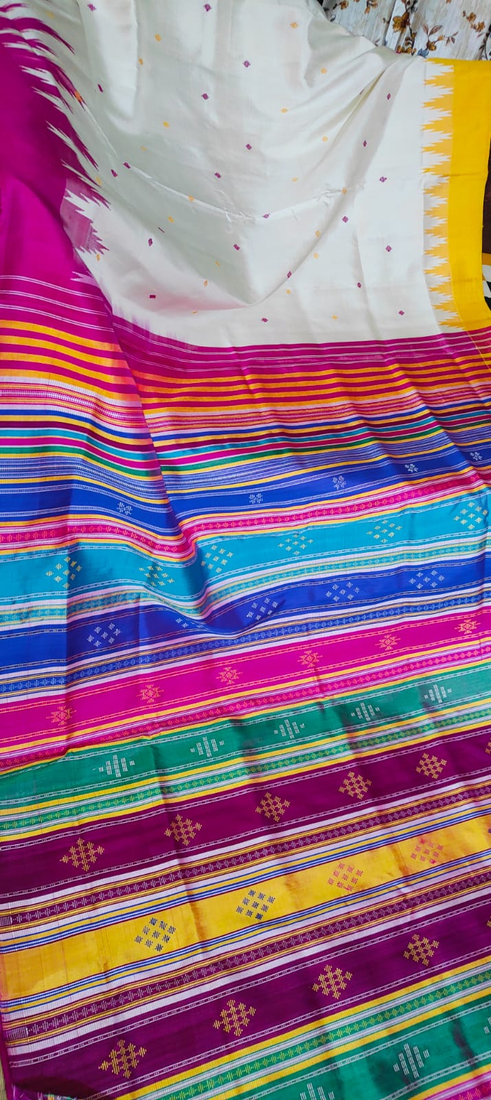 Berhampuri Double Pallu Silk Saree Multicolour Pallu | Ganga Jamuna Border