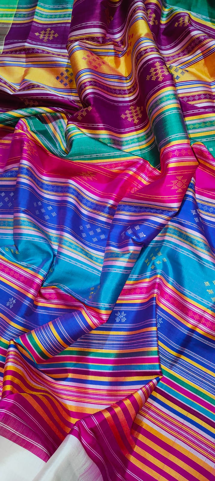Berhampuri Double Pallu Silk Saree Multicolour Pallu | Ganga Jamuna Border