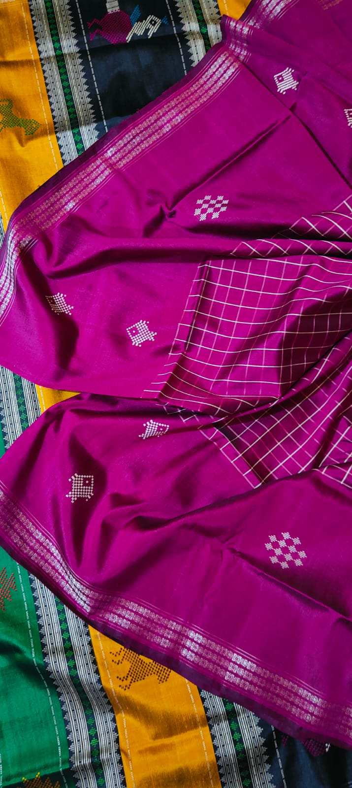 Vibrant Magenta Checkered Pallu Multicolored Border Berhampuri Mulberry Silk Saree