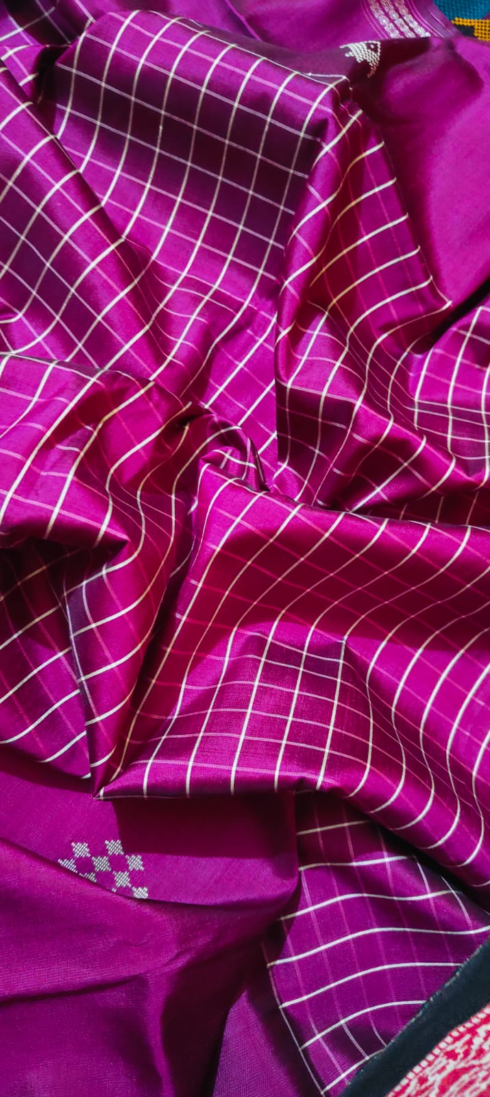 Vibrant Magenta Checkered Pallu Multicolored Border Berhampuri Mulberry Silk Saree