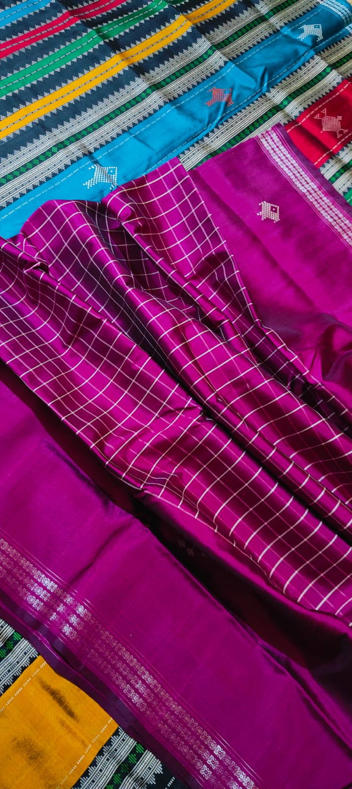 Vibrant Magenta Checkered Pallu Multicolored Border Berhampuri Mulberry Silk Saree