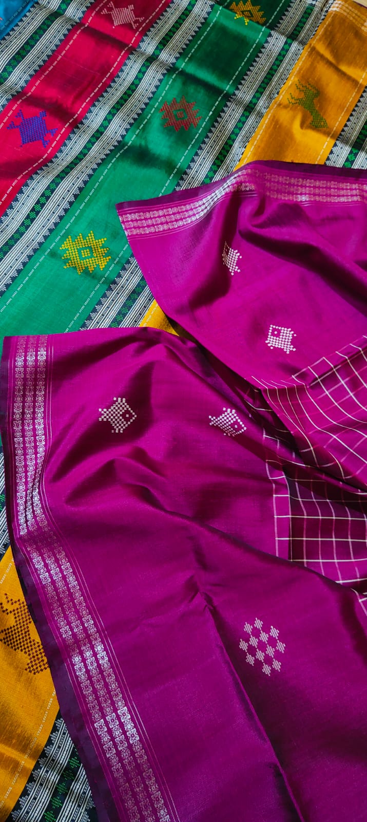 Vibrant Magenta Checkered Pallu Multicolored Border Berhampuri Mulberry Silk Saree