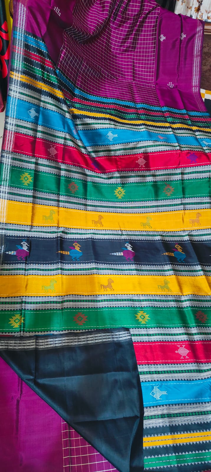 Vibrant Magenta Checkered Pallu Multicolored Border Berhampuri Mulberry Silk Saree