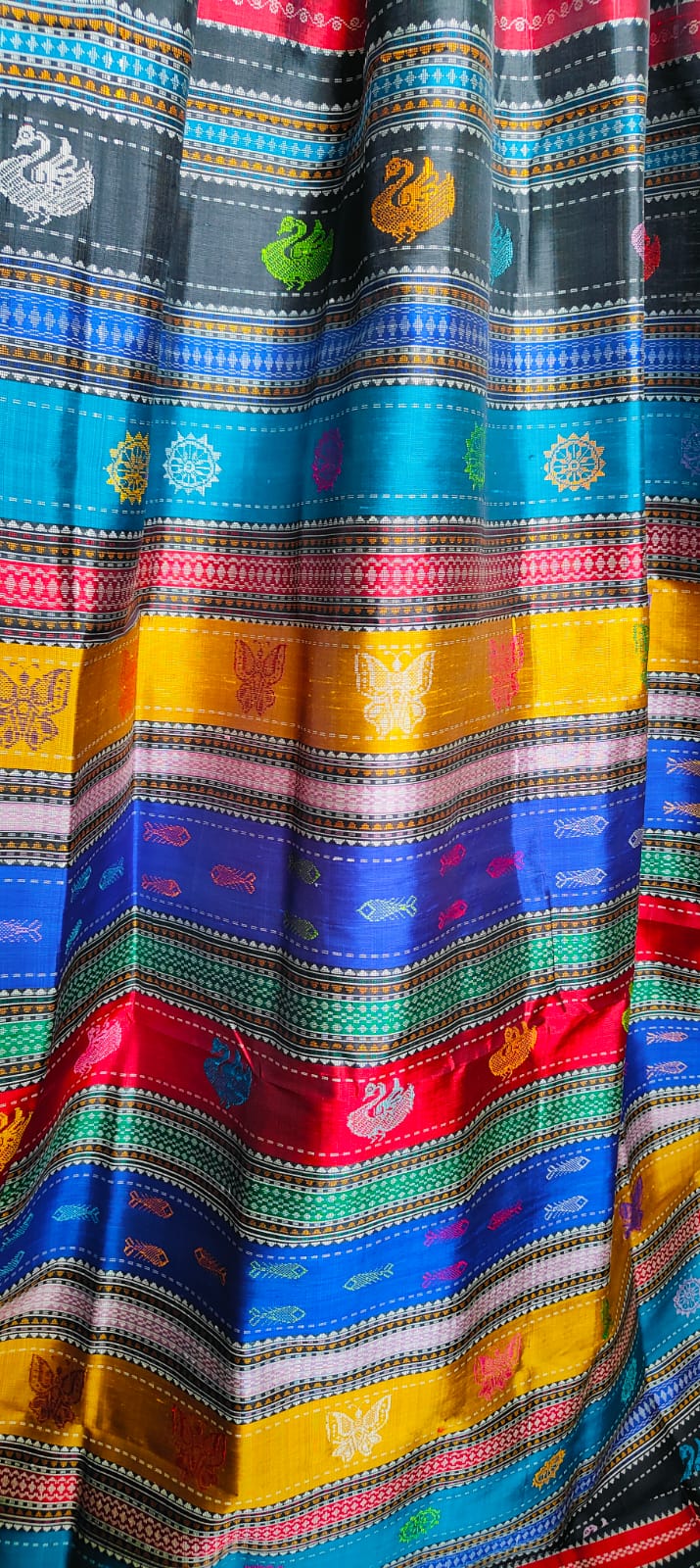 Berhampuri Double Pallu Silk Saree - Heavy Thread Work Motifs with Blouse