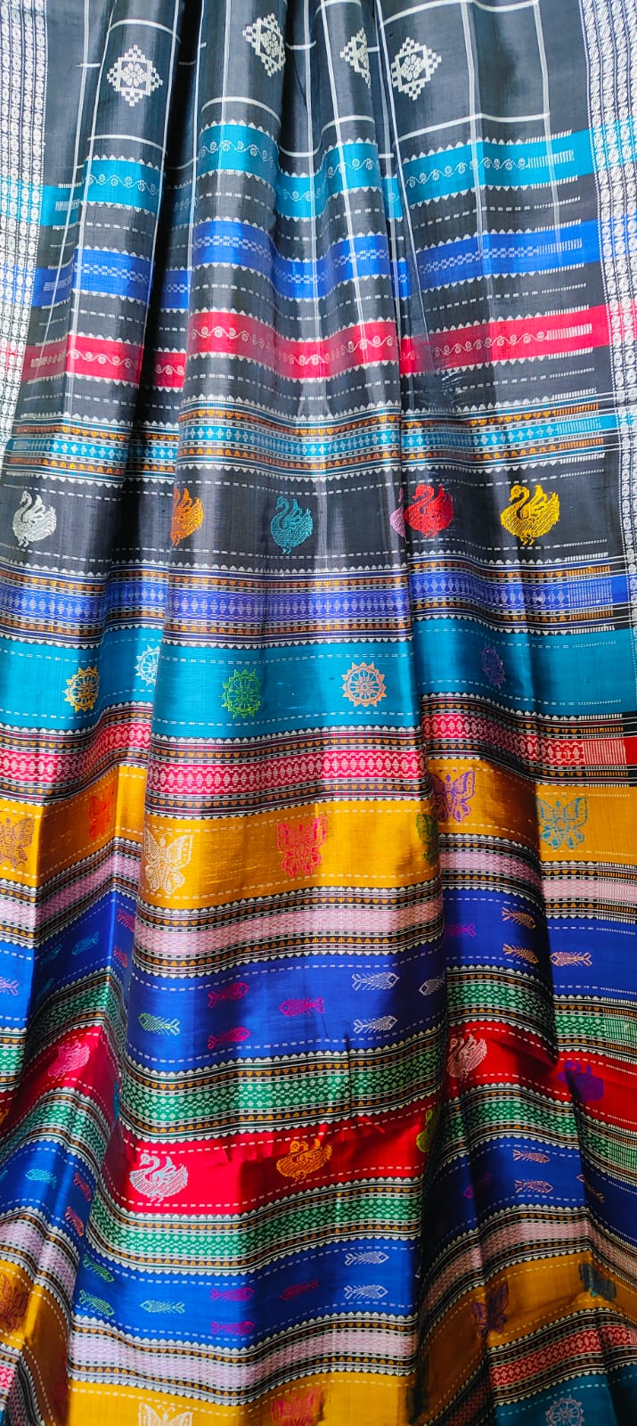 Berhampuri Double Pallu Silk Saree - Heavy Thread Work Motifs with Blouse