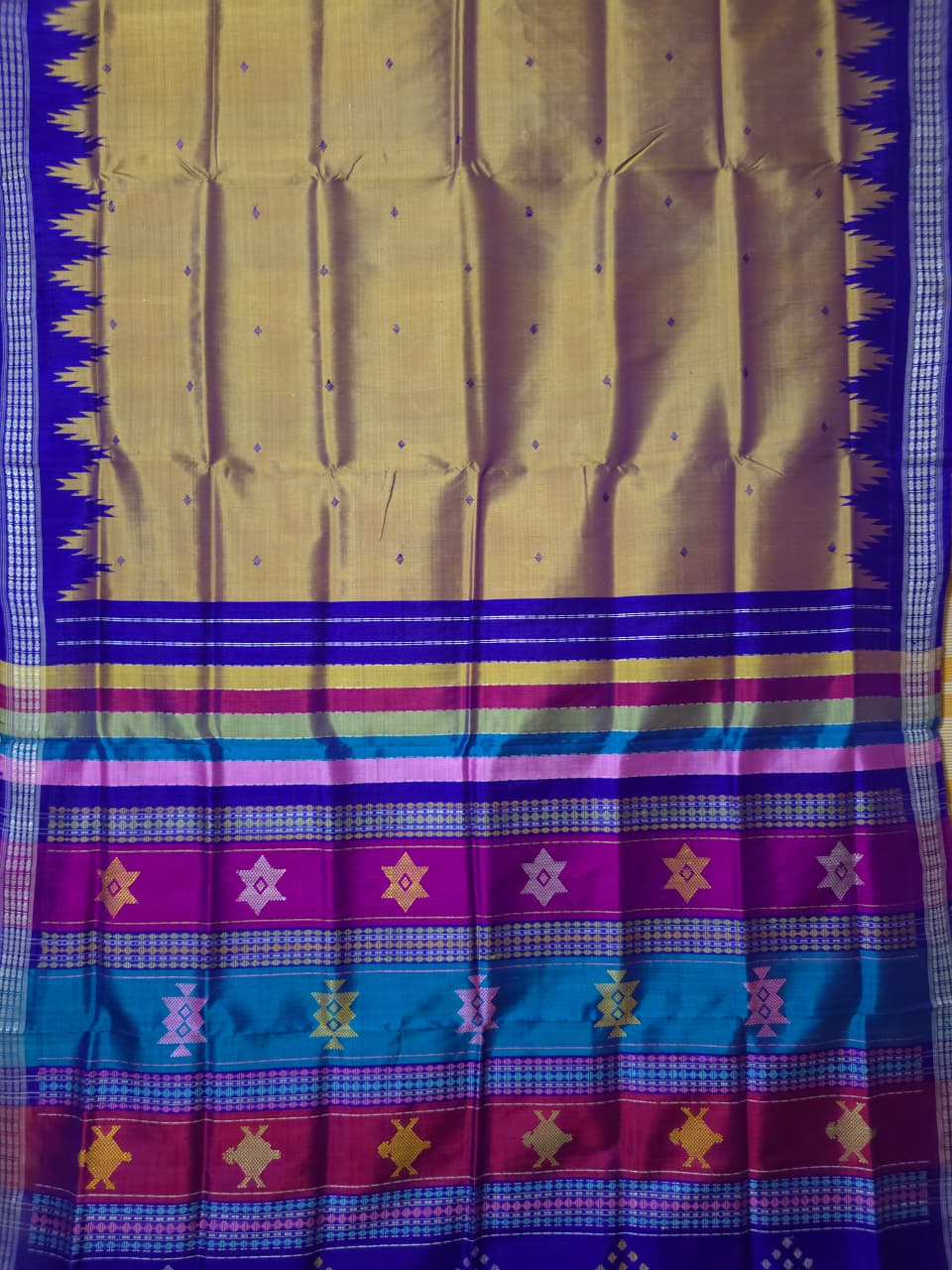 Dual Tone Mustard Gold & Royal Blue — Berhampuri Patta Silk Saree