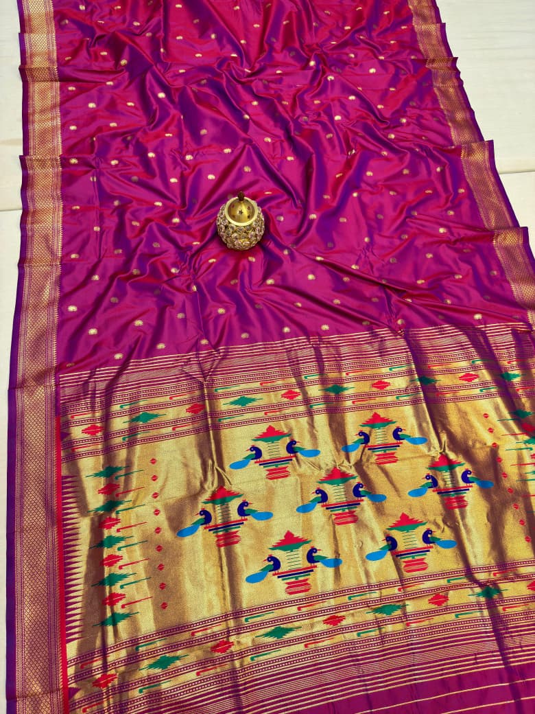 Traditional Yeola Paithani Silk Saree | All Over Kuiri Butta | Traditional Pallu | Contrast Blouse Piece