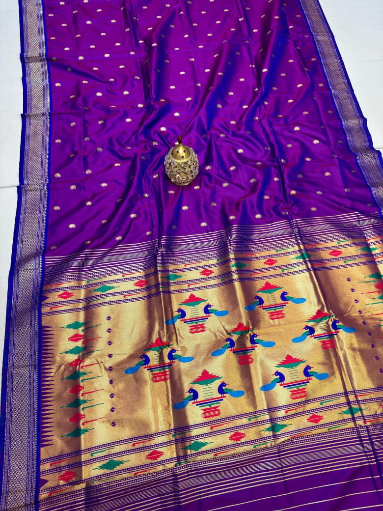 Traditional Yeola Paithani Silk Saree | All Over Kuiri Butta | Traditional Pallu | Contrast Blouse Piece