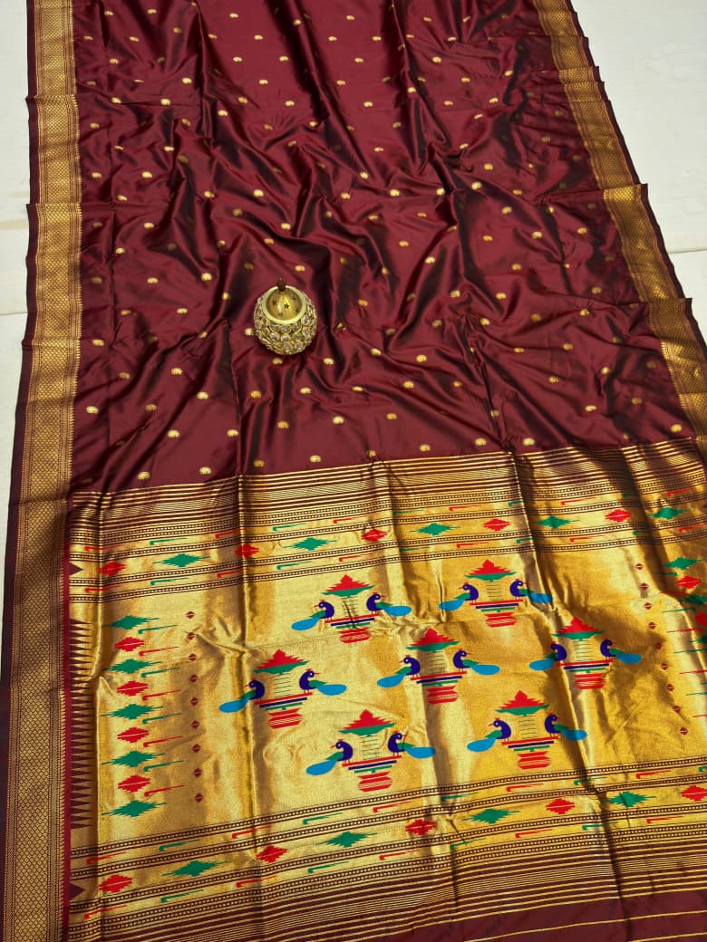 Traditional Yeola Paithani Silk Saree | All Over Kuiri Butta | Traditional Pallu | Contrast Blouse Piece