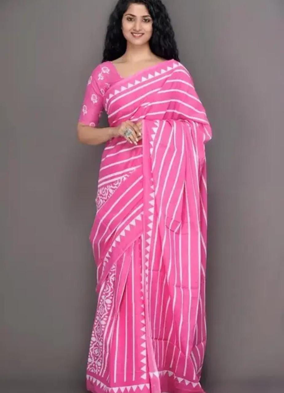 Pure Cotton Handblock Print Mulmul Saree – Naturally Dyed Bagru Print