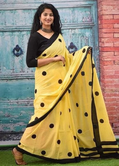Polka Dot Print Pure Cotton Mulmul Saree with Pompom Lace