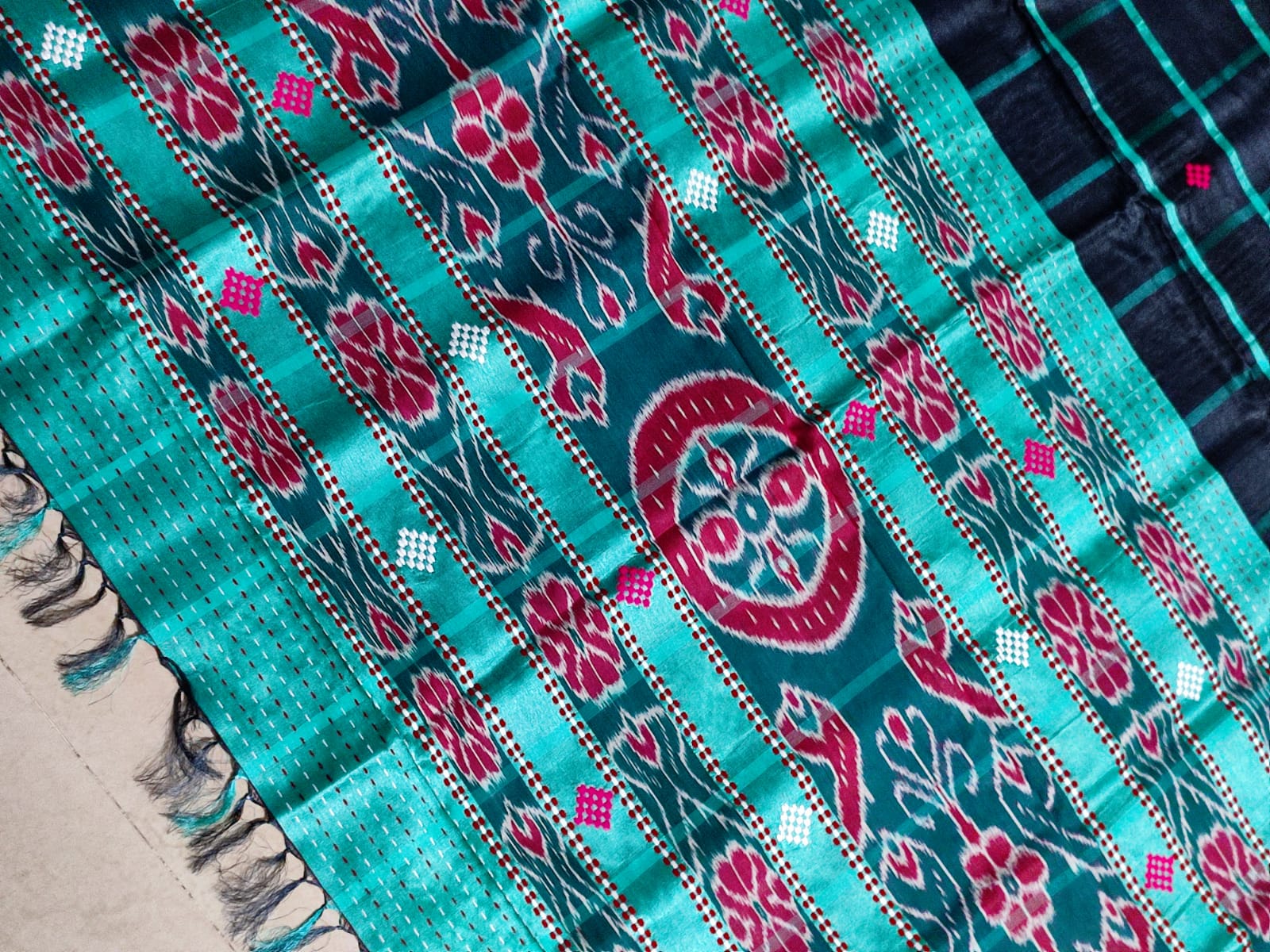 Handwoven Santali Tribal Pure Tussar Silk Saree with Check Body Contrast