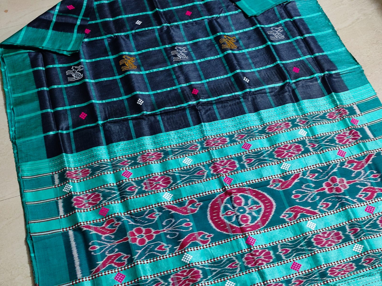 Handwoven Santali Tribal Pure Tussar Silk Saree with Check Body Contrast