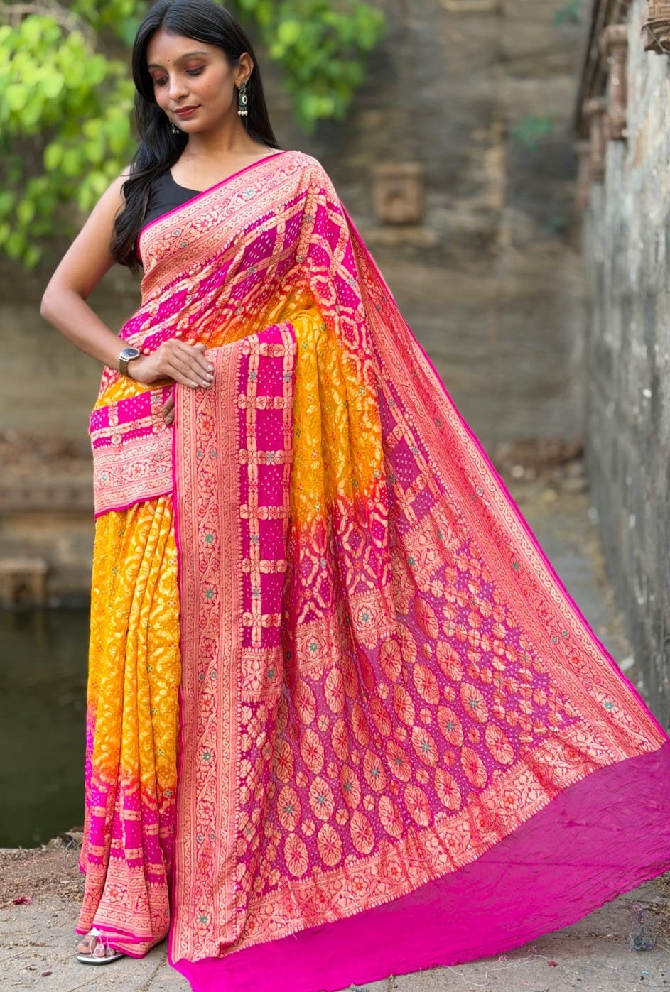 Pure Handloom Khadi Georgette Bandhej Saree