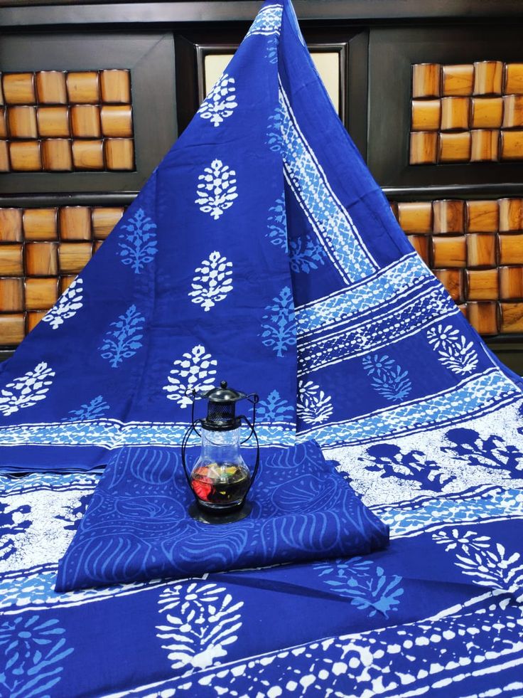 Indigo Bagru Block Print Pure Mulmul Cotton Saree