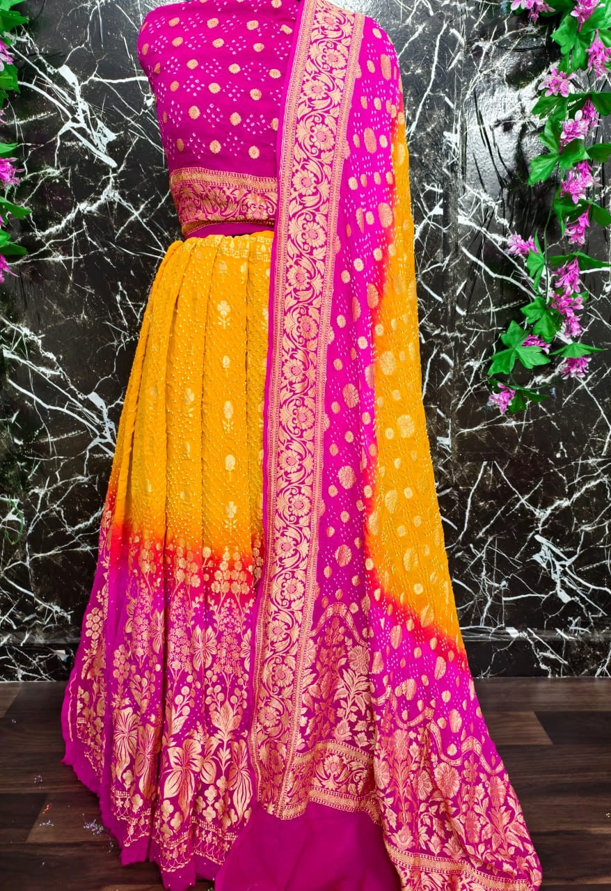 Pure Khadi Georgette Lehenga Choli with Neemzari & Hand Tie-Dye Bandhej Work – 12 Kali