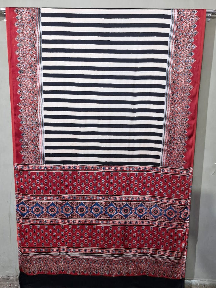 Pure Modal Silk Authentic Handblock Print Saree With Ajrakh Blouse Piece