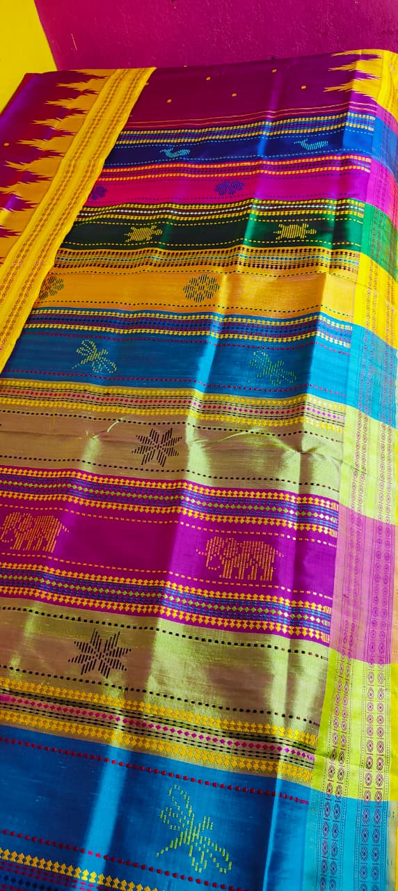 Exclusive Berhampuri Double Pallu Pure Silk Saree | Heavy Thread Work Multicolour Pallu | Luxury Handloom