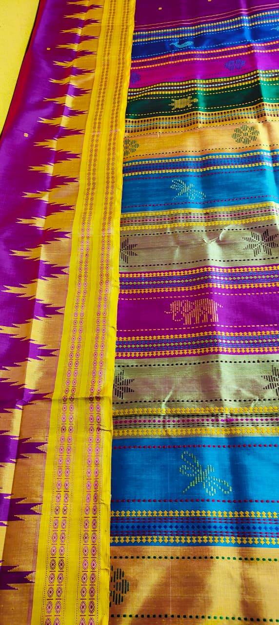 Exclusive Berhampuri Double Pallu Pure Silk Saree | Heavy Thread Work Multicolour Pallu | Luxury Handloom