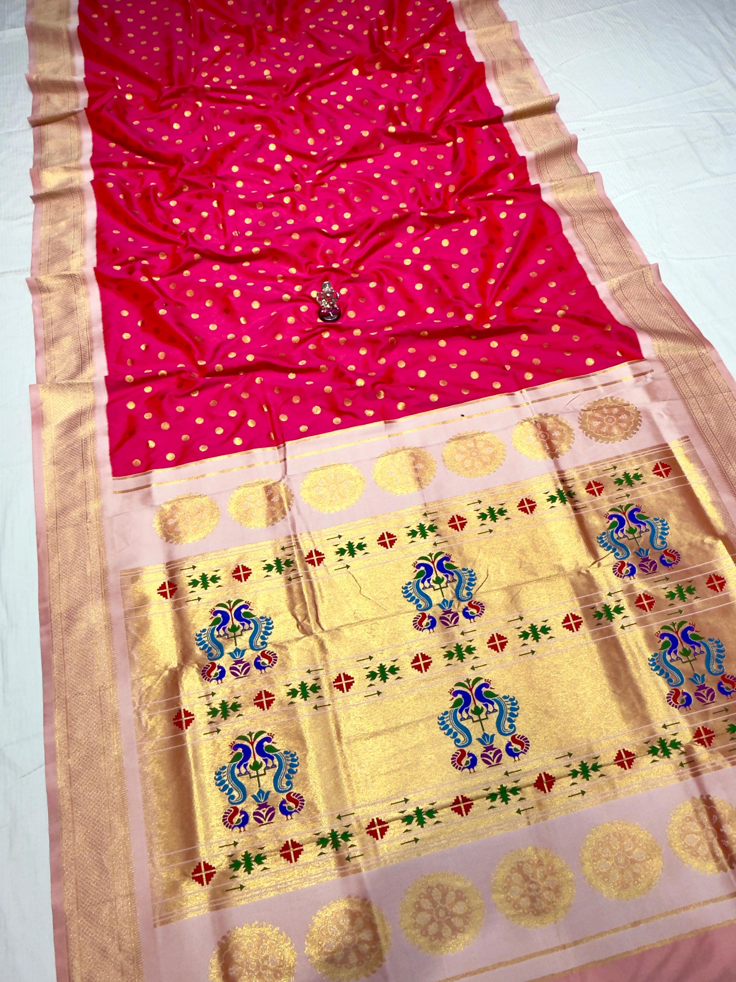 Maharani Kadiyal Paithani Soft Silk Saree | Dalinbi Pomegranate Pink | All-Over Gold Butta | Peacock Pallu
