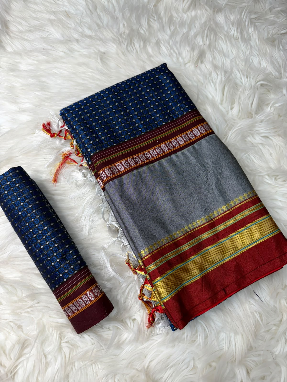 Ilkal Saree with Khun Patchwork | Navy Blue | Blouse Piece