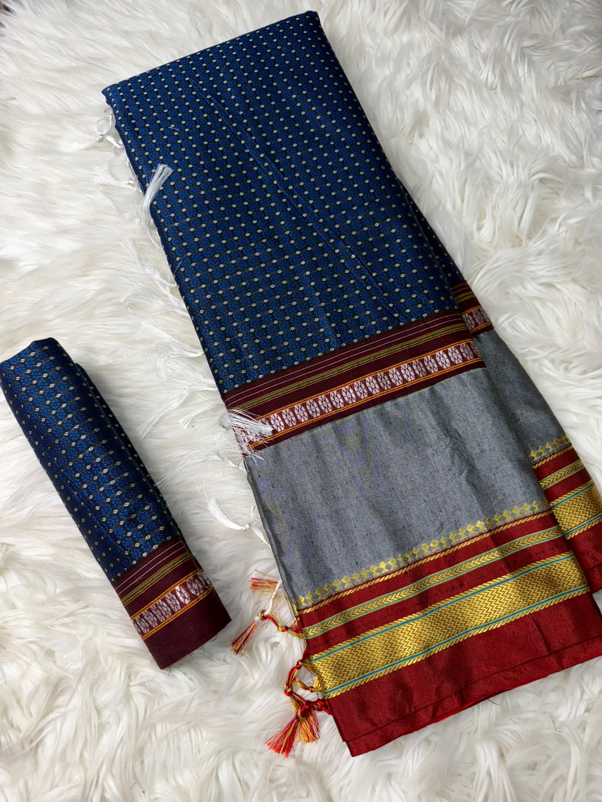 Ilkal Saree with Khun Patchwork | Navy Blue | Blouse Piece