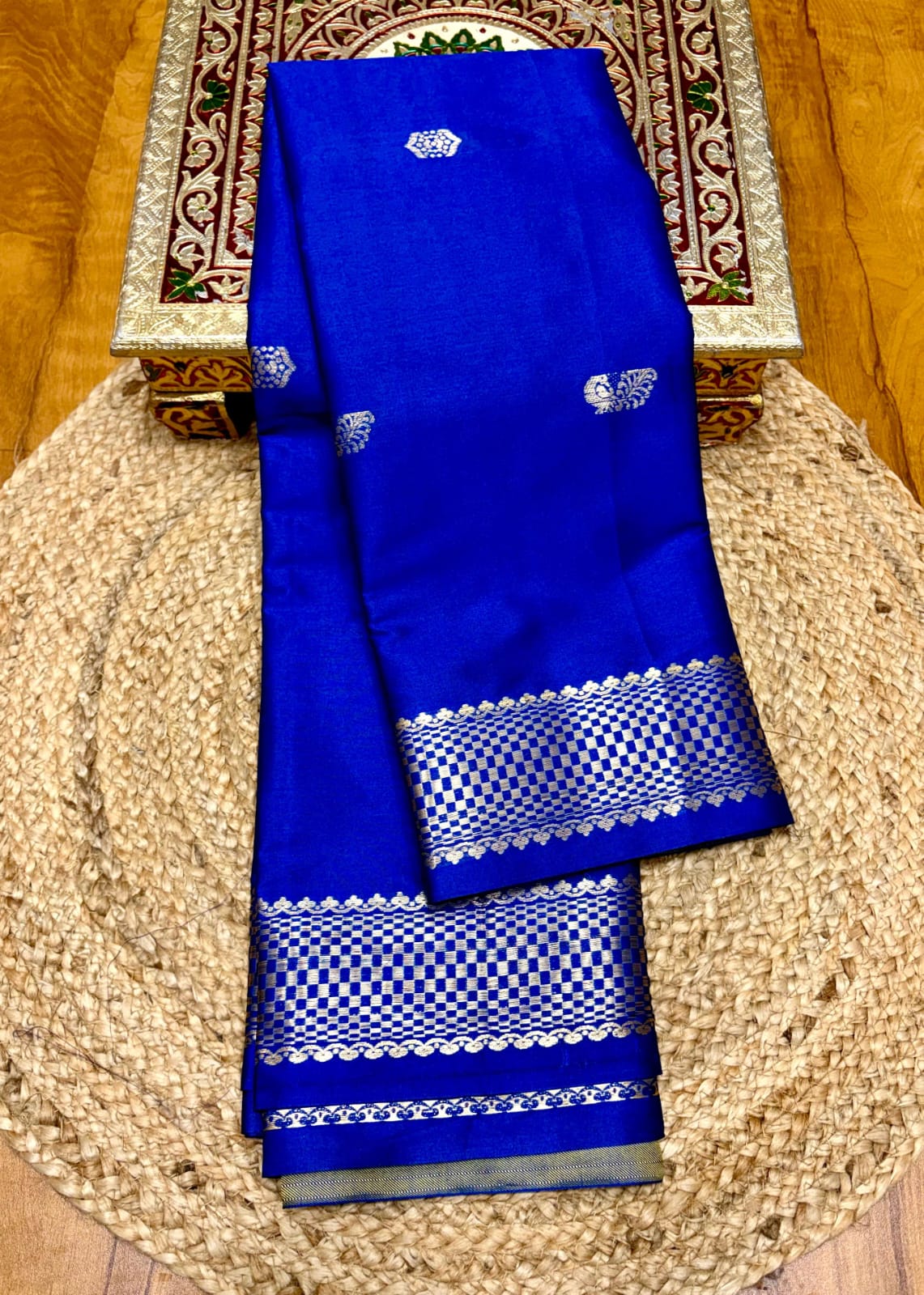 Royal Blue Silk Saree | Silver Zari Border | Silver Paisley Butta