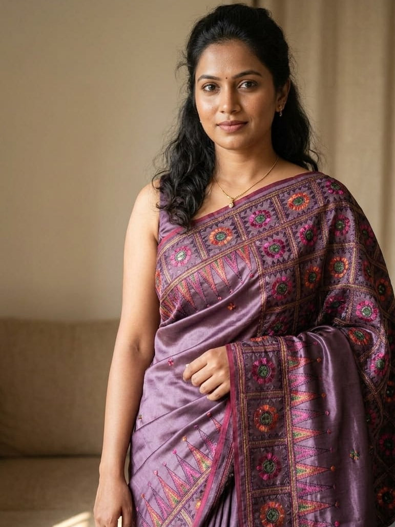 Woman wearing a traditional purple saree with intricate patterns indoors.