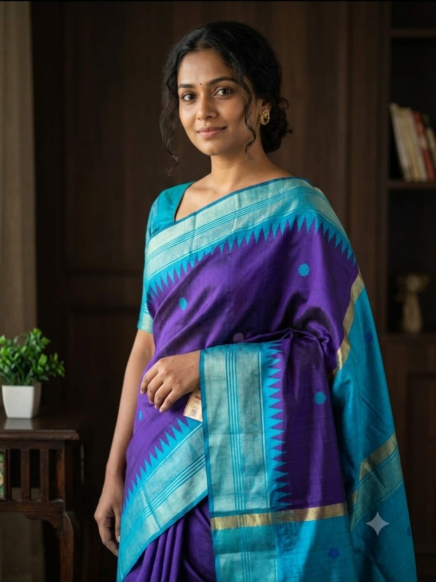 Pure Raw Silk Chhattisgarh Handloom Saree with Temple Border & Coin Buta