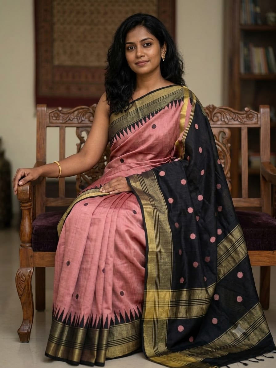 Pure Raw Silk Chhattisgarh Handloom Saree with Temple Border & Coin Buta
