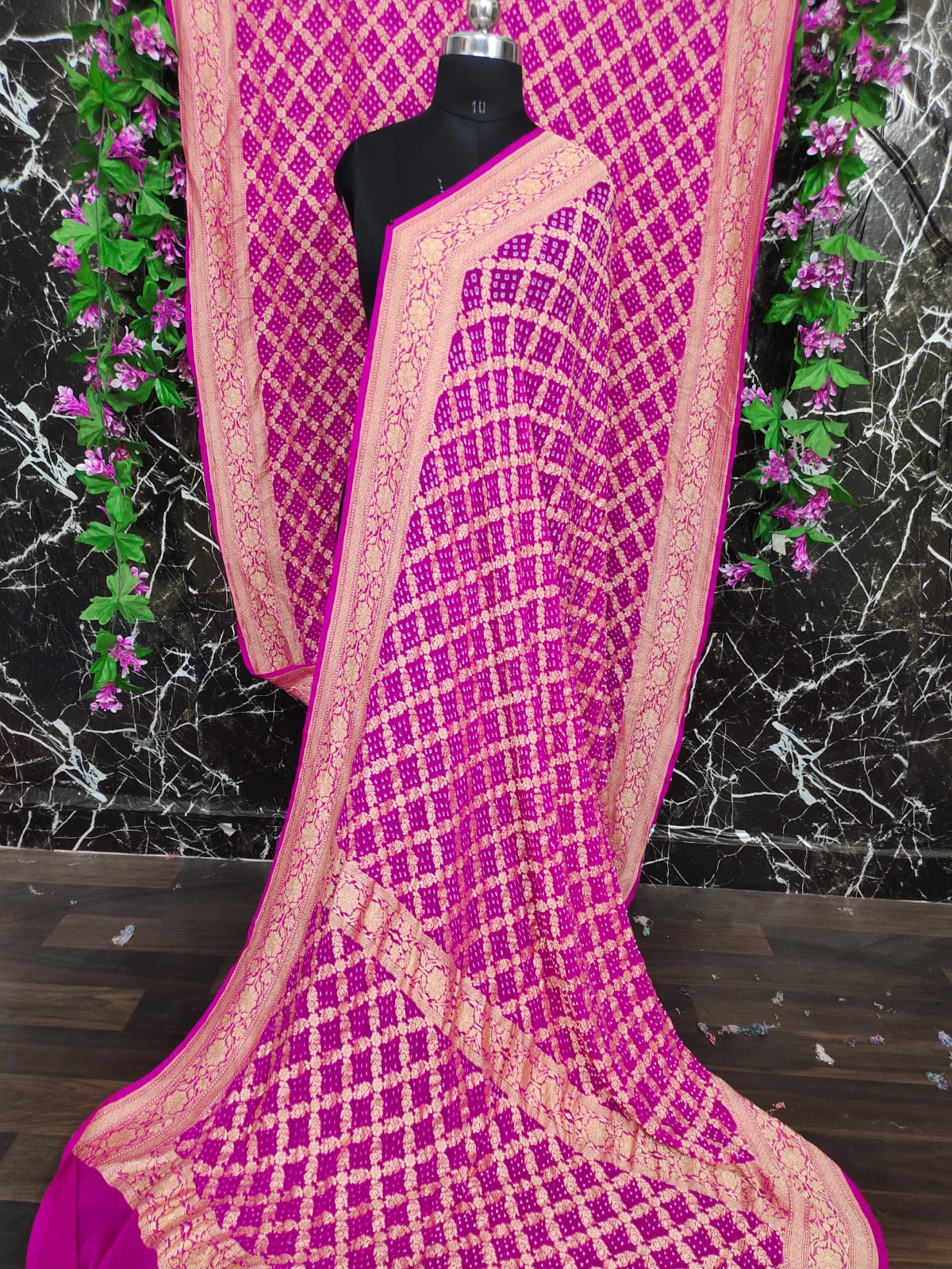 Pure Khaddi Banarasi Georgette Saree | Neem Zari Nakshi Weaving & Bandhej Tie-Dye