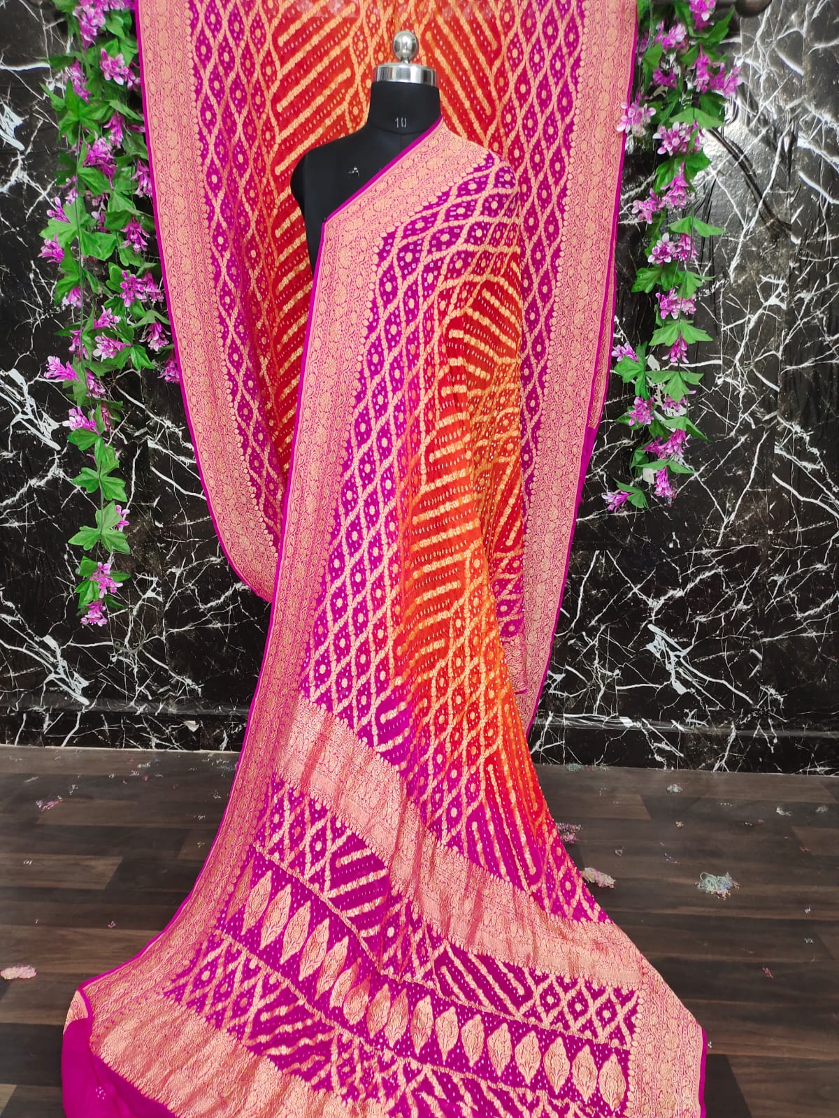 Pure Khaddi Banarasi Georgette Saree | Neem Zari Nakshi Weaving & Bandhej Tie-Dye