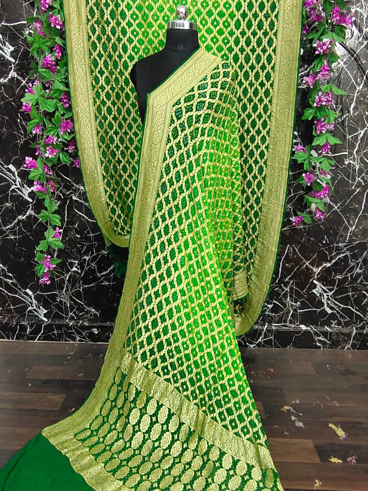 Pure Khaddi Banarasi Georgette Saree | Neem Zari Nakshi Weaving & Bandhej Tie-Dye