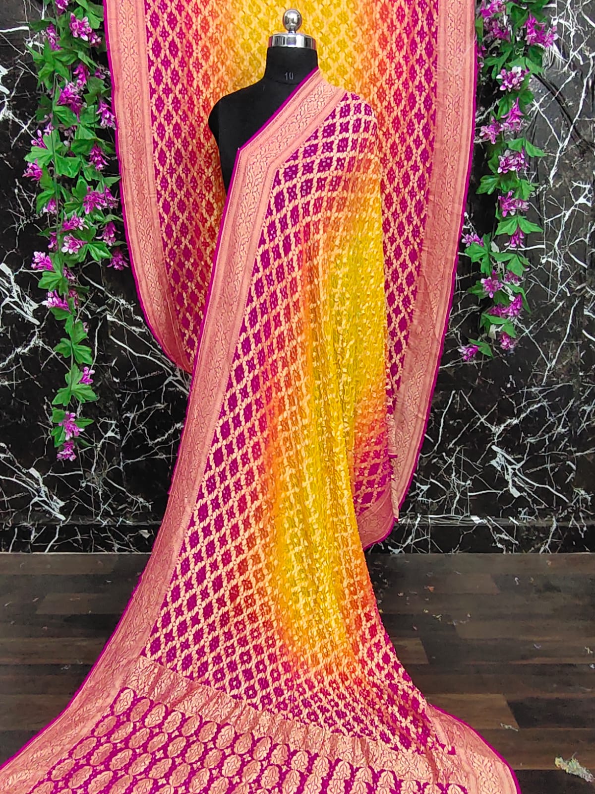 Pure Khaddi Banarasi Georgette Saree | Neem Zari Nakshi Weaving & Bandhej Tie-Dye