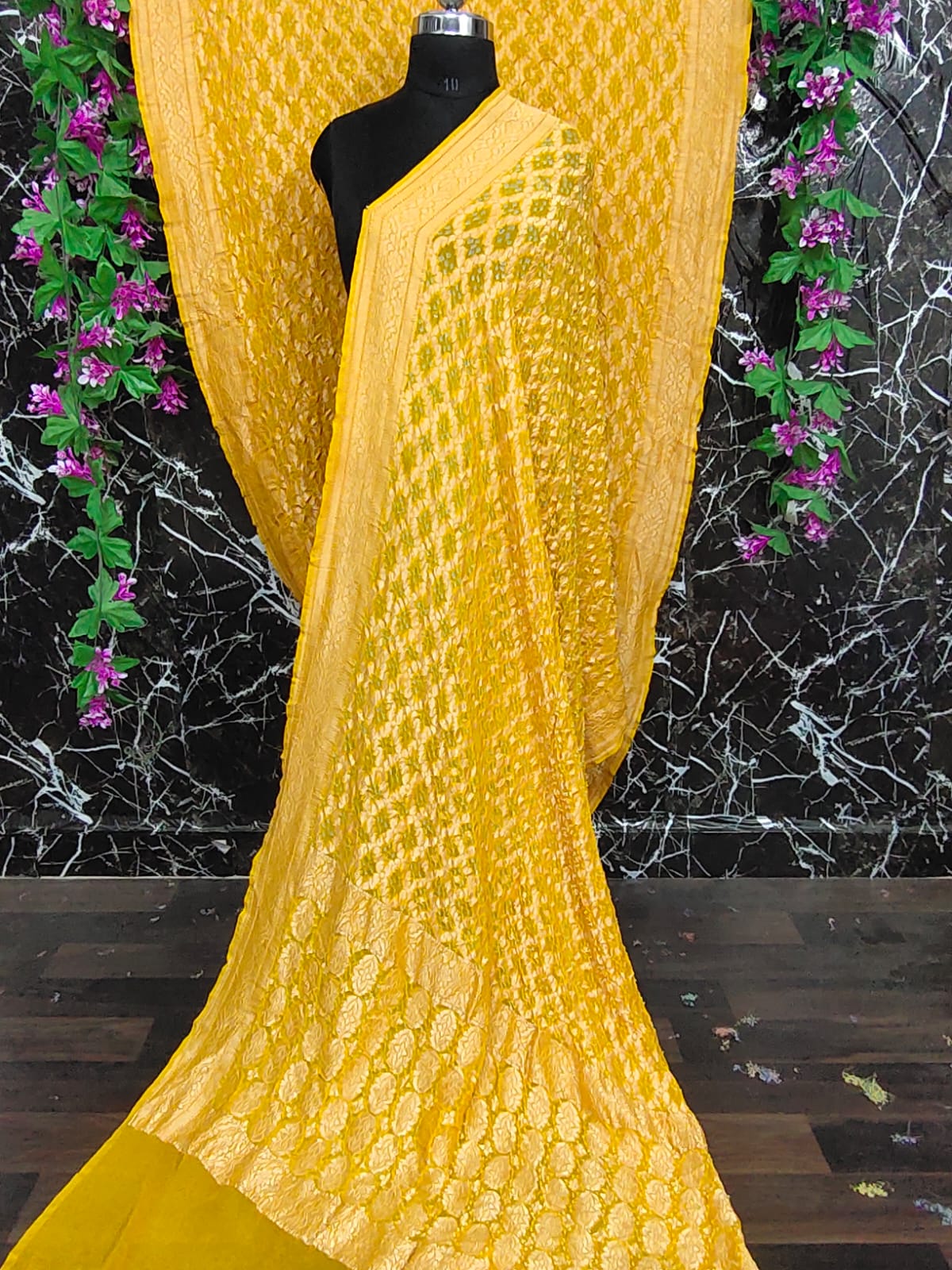 Pure Khaddi Banarasi Georgette Saree | Neem Zari Nakshi Weaving & Bandhej Tie-Dye