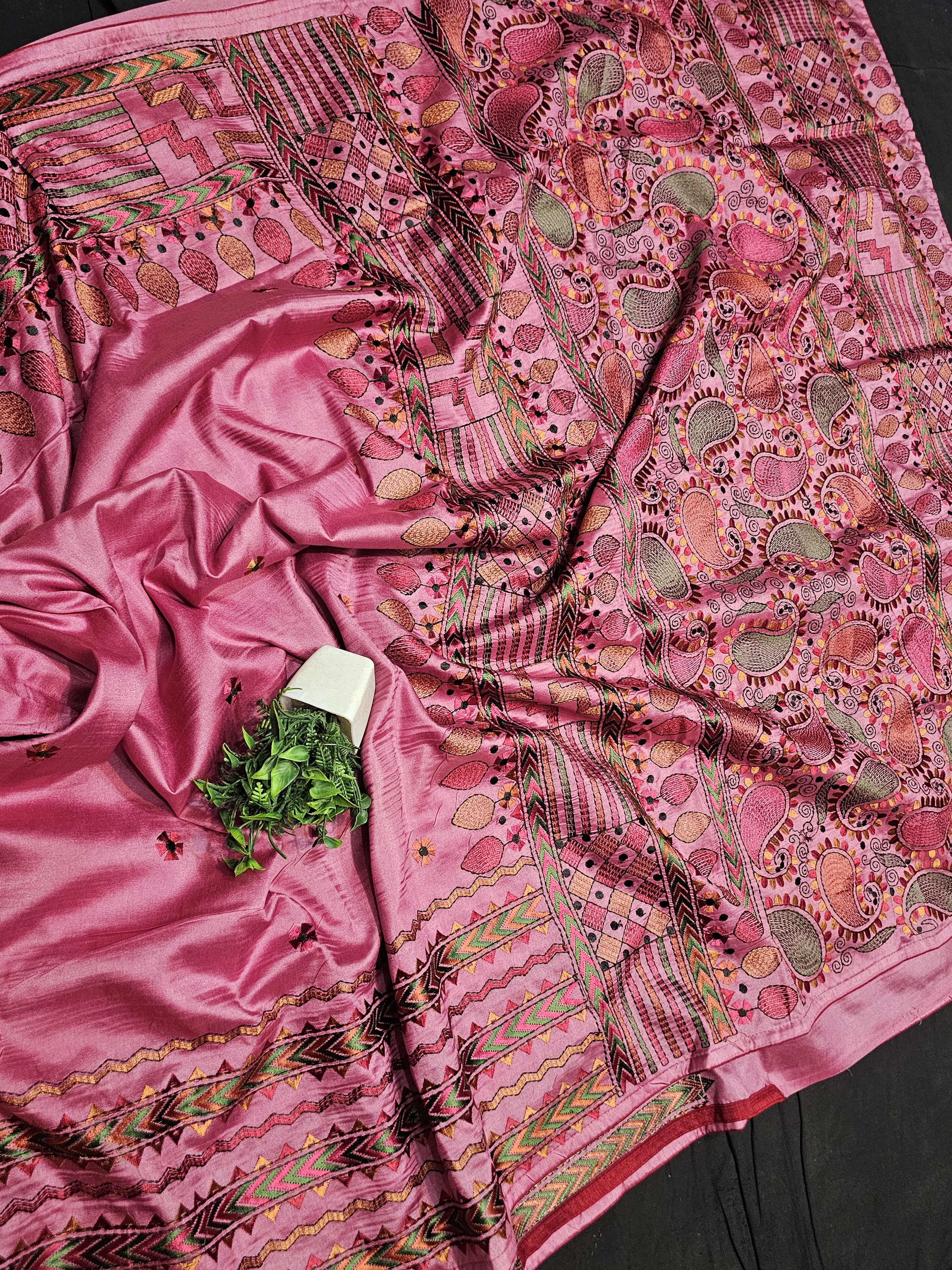 Rose Pink Chhattisgarh Semi Tussar Saree | Kashmiri Kantha Embroidery