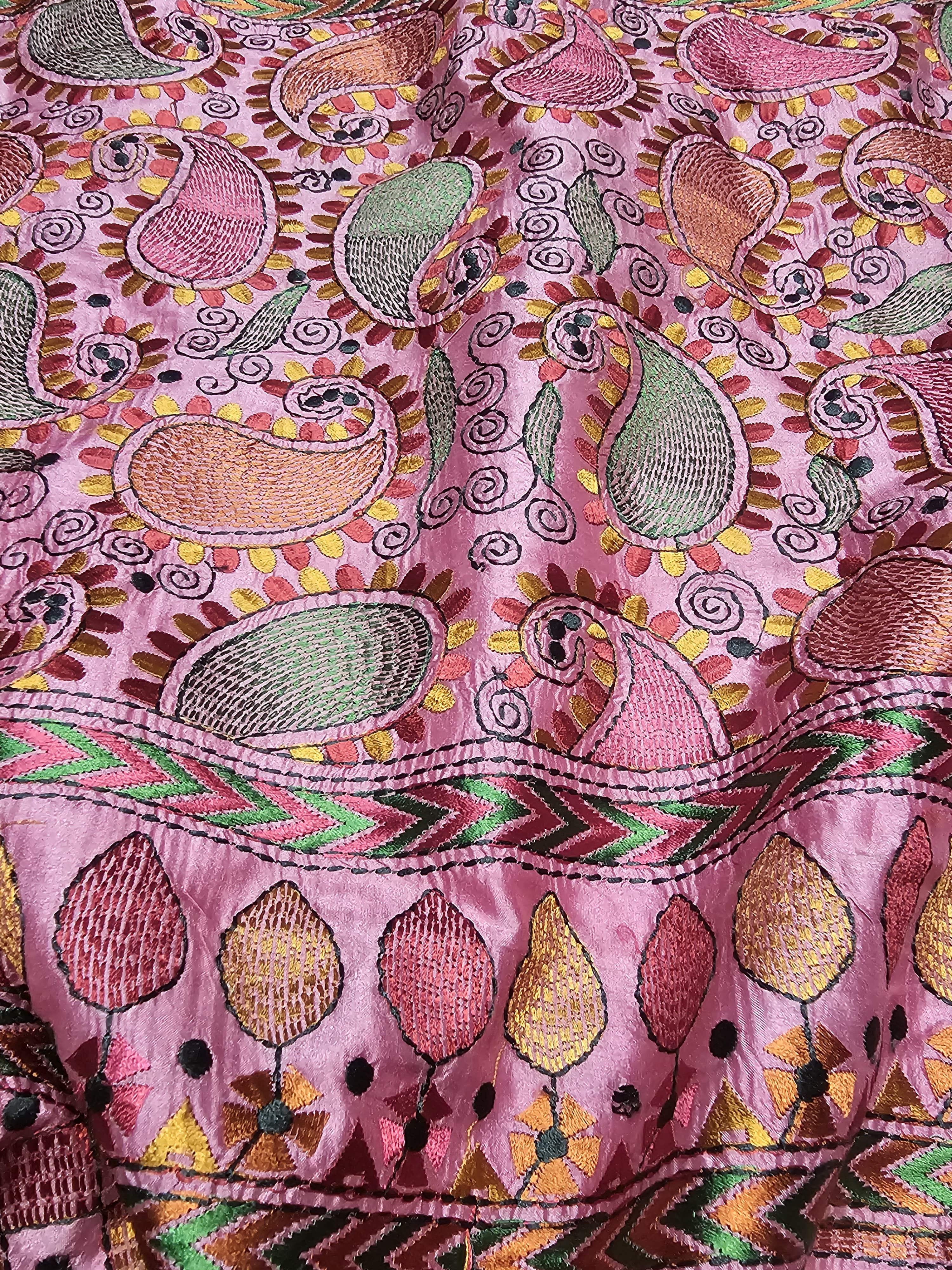 Rose Pink Chhattisgarh Semi Tussar Saree | Kashmiri Kantha Embroidery