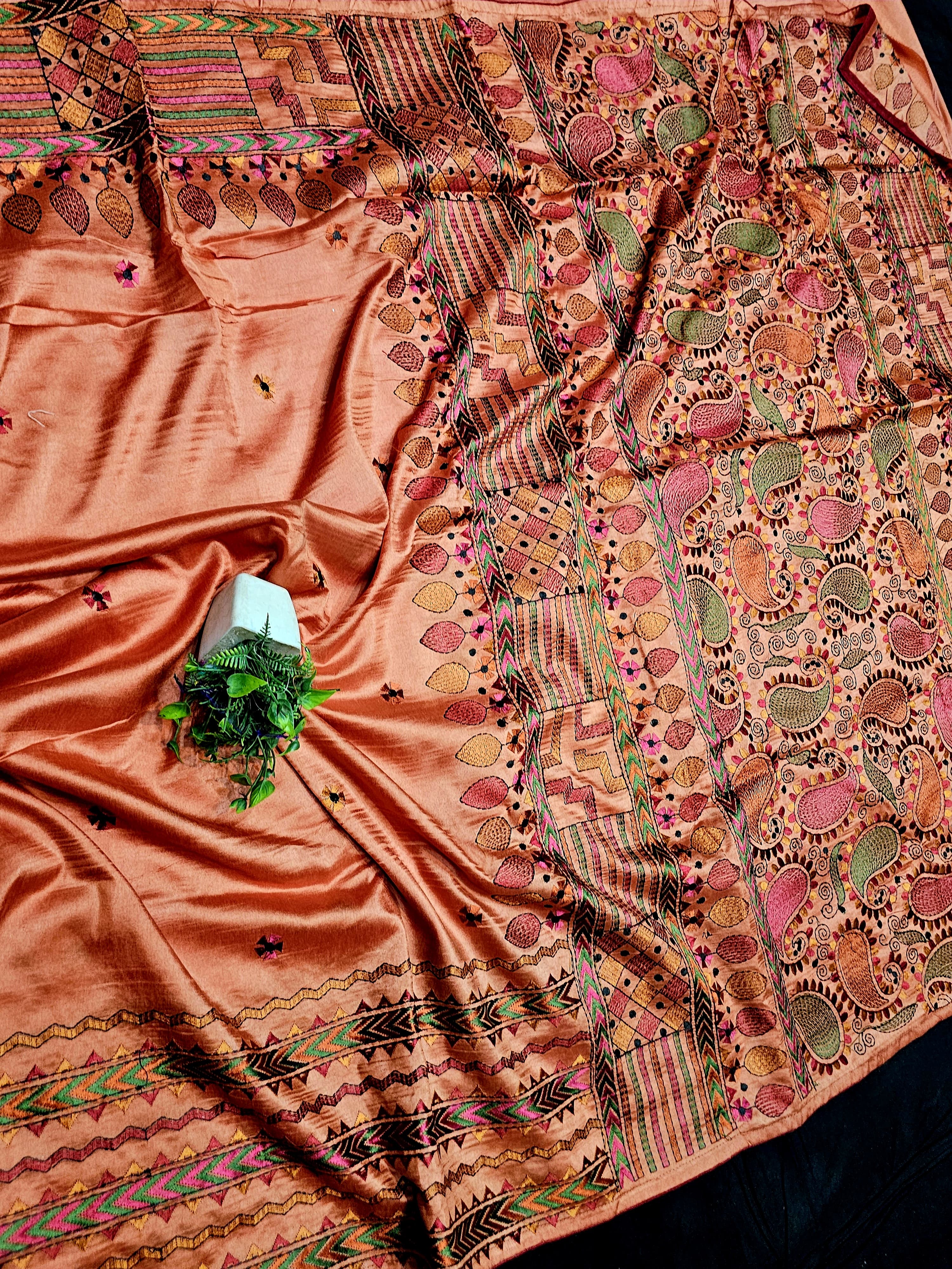 Peach Orange Chhattisgarh Semi Tussar Saree | Kashmiri Kantha Embroidery | Heavy Designer Pallu with Blouse