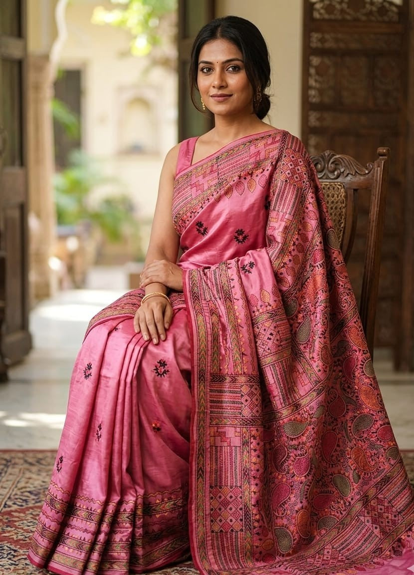 Rose Pink Chhattisgarh Semi Tussar Saree | Kashmiri Kantha Embroidery