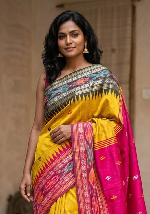Chhattisgarh Handloom Raw Silk Saree | Temple Border | Ikkat Pallu | Woven Buta Motifs | Multiple Colours